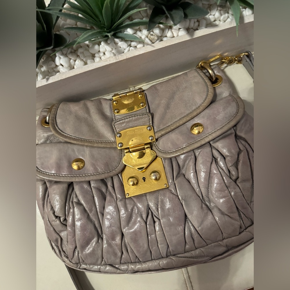 Miu Miu Gray Leather Handbag with Gold Accents - Picture 5 of 14